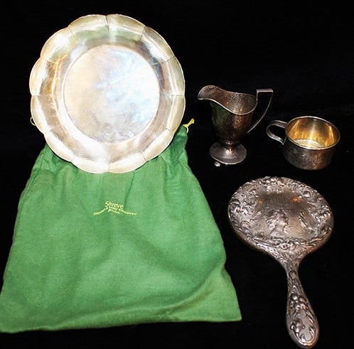 4 nice pieces of sterling silver including Shreves 8" bowl and bag. Nouveau mirror, silver weight (1 of 4)