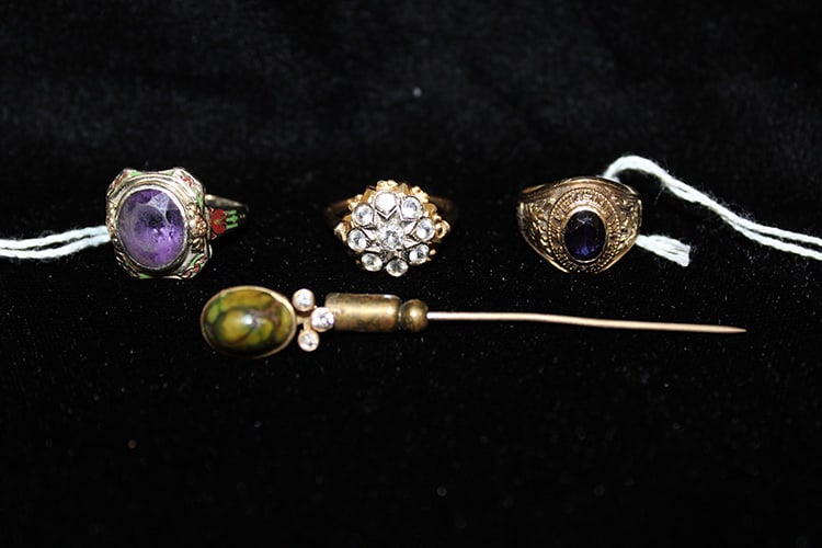 3 estate rings. (2) 14k, (1) 10k class ring and 14k hat pin. Nice condition, estate fresh. Class (1 of 3)