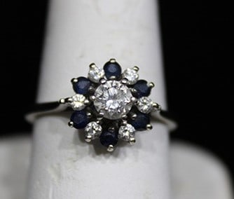 Nice 14k white gold cocktail ring with multiple diamonds and emerald color stones. Estate fresh, (1 of 3)