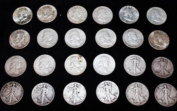 24 silver half dollar pieces. (2) Kennedy, (14) Franklin, (8) Walking Liberty. Estate fresh. (1 of 3)