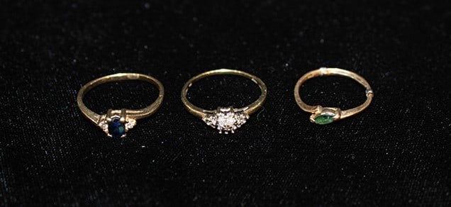 3 gold rings with gemstones (2) with diamonds. (2) 14k, (1) 10k. Estate rings, 3.9 dwt total weight. (1 of 4)