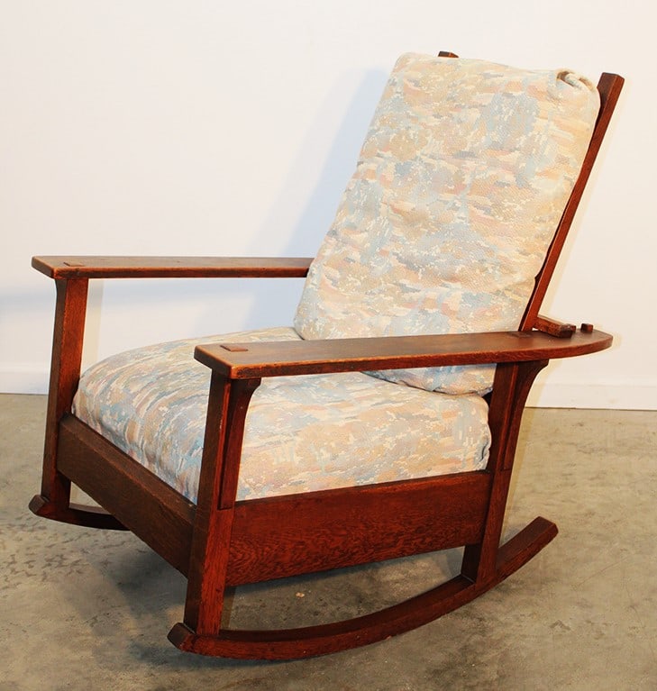 Nice original finish signed L & JG Stickley rocking Morris chair. Original cushions, been (1 of 4)