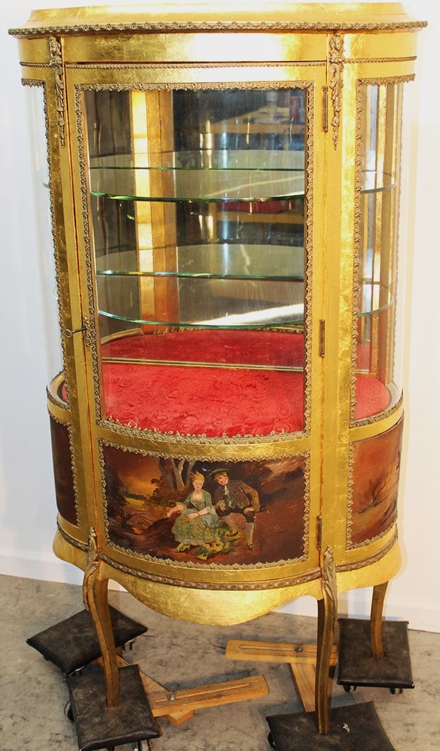 Antique gold Vernis Martin hand painted curio cabinet. Glass shelves, all glass all around. New York (1 of 4)