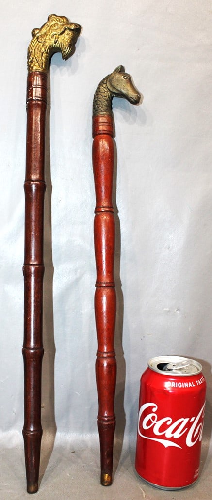 2 vintage walking sticks with animal heads (17" and 19" long). Both estate fresh with brass horse (1 of 3)