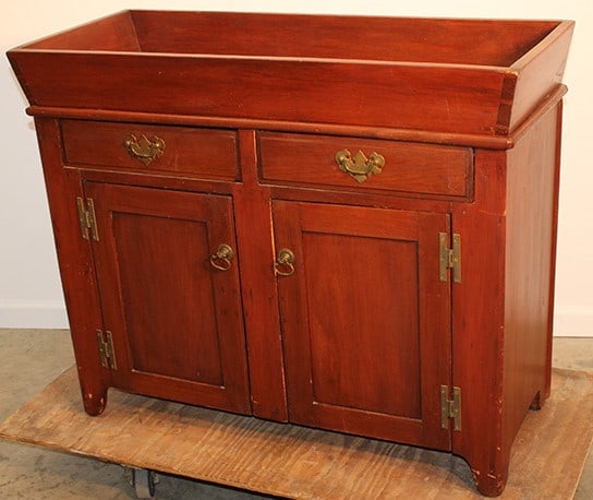 Early century dry sink with H-hinges. Dovetailed top, early board back. 39" wide, 32" tall, 17" (1 of 5)