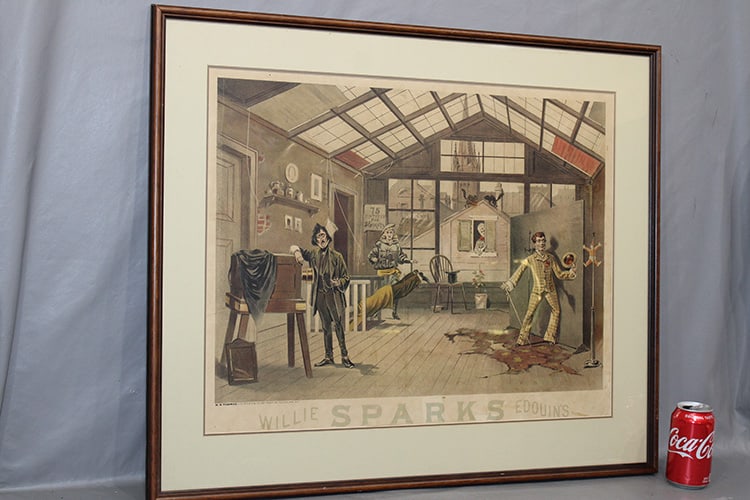 Wonderful antique of Willie Edovin's (Sparks) by H. A. Thomas. Depicting a comedian, photographer,: Wonderful antique of Willie Edovin's (Sparks) by H. A. Thomas. Depicting a comedian, photographer, some one jumping down the stairs. Nicely framed and matted. 31" wide, 26" tall.