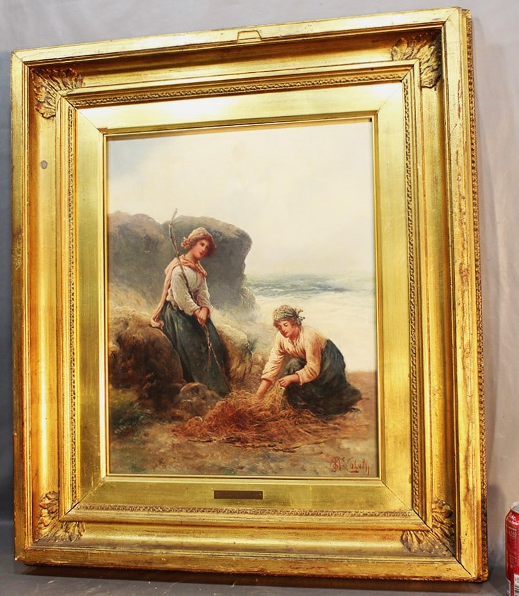 Nice Victorian painting oil on canvas signed James McColvin. 2 ladies fishing, in a real nice (1 of 4)