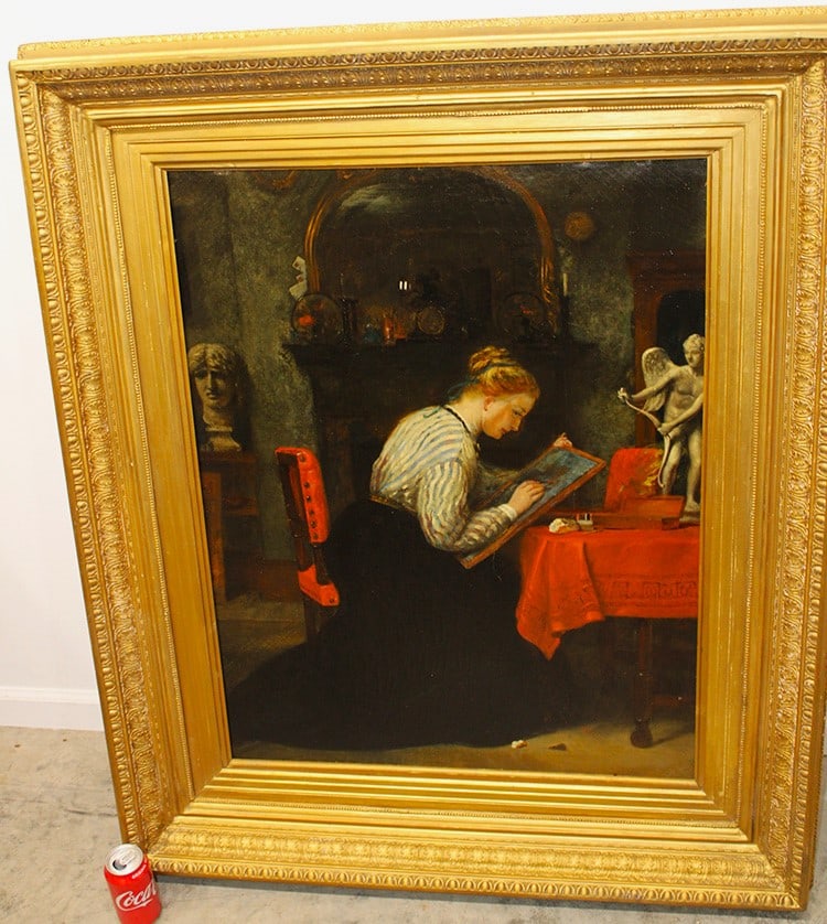 Large painting oil on canvas by F. S. Cary (Francis Stephen Cary). Titled The Art Student in a large (1 of 6)
