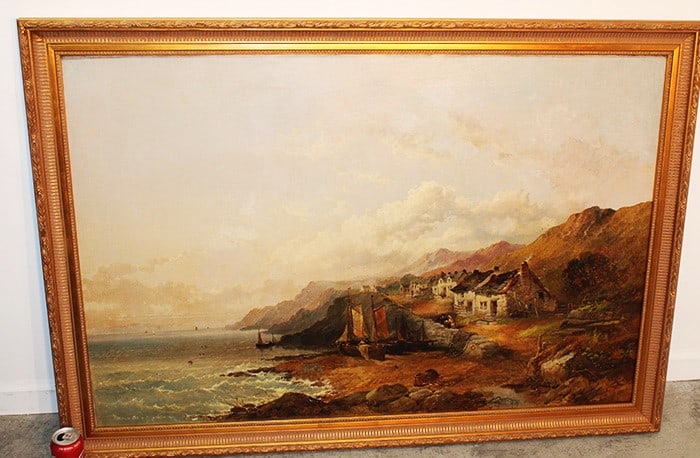 Exceptional artist signed large oil on canvas by Joseph Horlor 1881 titled Fishing Village on the (1 of 6)