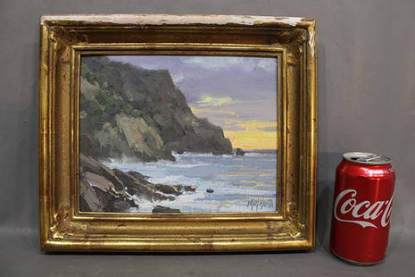 Well listed artist signed "Matt Smith" painting "Sun Down at Shark Cove". Painting is nice, frame: Well listed artist signed "Matt Smith" painting "Sun Down at Shark Cove". Painting is nice, frame has chipping on the gold. Estate fresh. 8" wide, 10" tall.