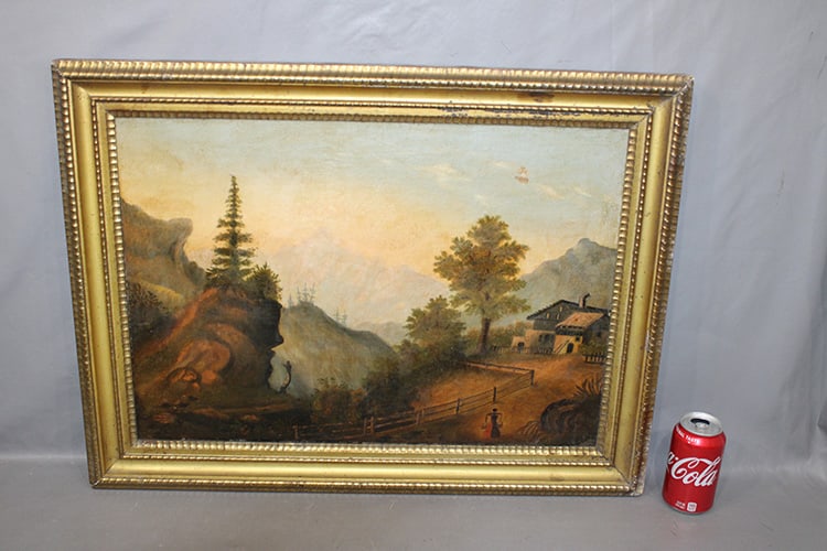 Great 19th C. folky oil on canvas painting of a mountain house. Has writing on the back stretcher,: Great 19th C. folky oil on canvas painting of a mountain house. Has writing on the back stretcher, original guilt frame, depicts women carrying water to the home. Tiny flaking (see photo). 29" wide, 2