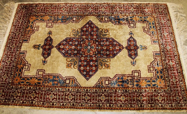 Tightly woven hand made silk rug appr. 4x6'. Nice condition, no moths or stains. Could use a good (1 of 4)