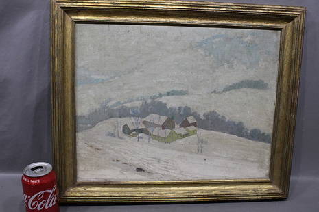 Painting on artist board (Horace Brown). Farm in Springfield VT (marked on back). 21" wide, 17": Painting on artist board (Horace Brown). Farm in Springfield VT (marked on back). 21" wide, 17" tall.