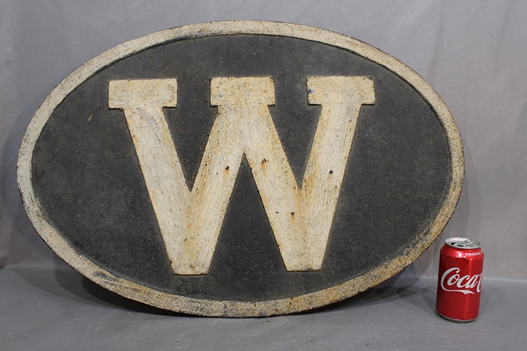 Antique cast iron locomotive "W" whistle sign. Very heavy, estate fresh. 30" wide, 20" tall, 8": Antique cast iron locomotive "W" whistle sign. Very heavy, estate fresh. 30" wide, 20" tall, 8" deep.