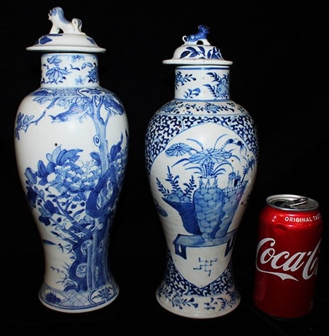 Pair of 12" canton style antique oriental covered vases. Estate fresh, well done. (1) has a hair (1 of 5)