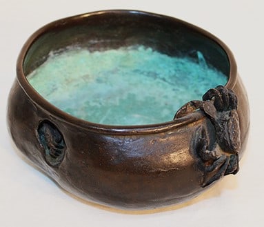 Early oriental bronze bowl with crab motif. Hand made, has a baby crab coming out of the side. (1 of 4)