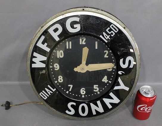 Vintage light up radio as clock marked Glo-Dial Clock Co. Needs rewiring, glass all good. 14" round. (1 of 4)