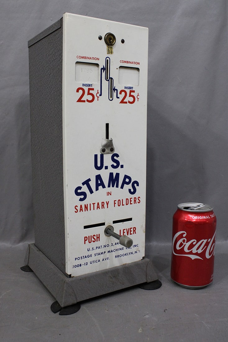 Clean 25 cent stamp dispenser in real nice condition. Estate fresh, no key. 6" wide, 14" tall, 7" (1 of 4)