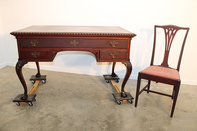 52" Victorian mahogany partners desk with claw and ball feet in original finish with a nice chair.: 52" Victorian mahogany partners desk with claw and ball feet in original finish with a nice chair. Desk is the same on both sides. 52" wide, 32" tall, 31" deep.