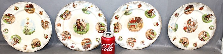 Set of 4 Buffalo pottery, Roosevelt bears plates 1906. Some have browning, 2 have old hair lines. (1 of 5)