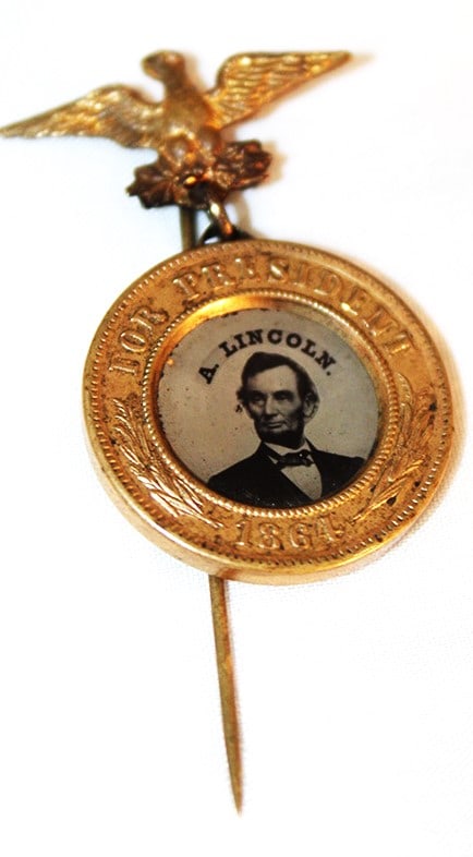 Extremely rare original 1864 Abraham Lincoln and Johnson campaign ferrotype stickpin. Has the eagle, (1 of 3)