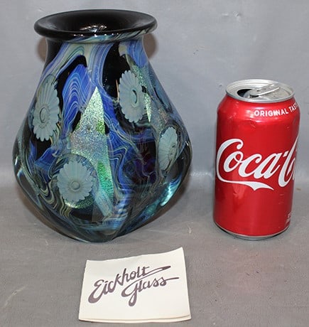 7" signed "Eickholt Glass" art glass vase. Cased glass, estate fresh in nice condition. (1 of 3)