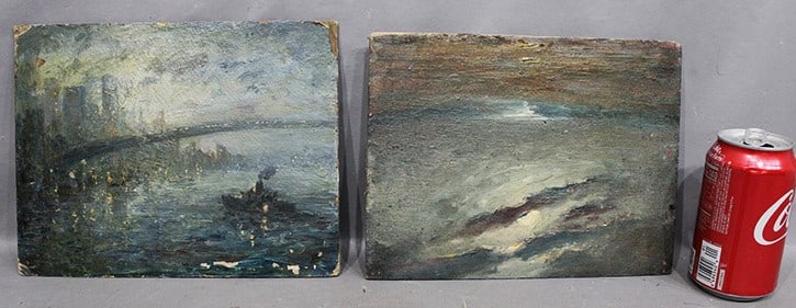 2 early estate fresh of abstract ship scene. (1) on board, (1) on panel. Large has a little chipping (1 of 4)
