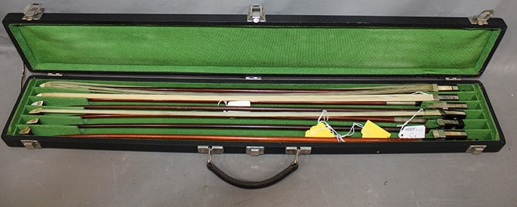 Group of 6 real nice violin bows including Ferrelli, Sarasate, Vuillaume. Some with strings (1 of 4)