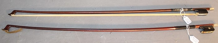 2 violin bows marked Lupot model and Tourte model. Both are 3/4 bows. Appr. 26.5" long (1 of 3)