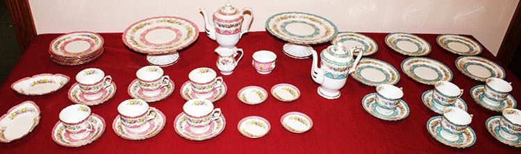 2 luncheon sets of Crown Stafffoshire China in blue and pink with 2 footed cake trays. Looks to be (1 of 4)