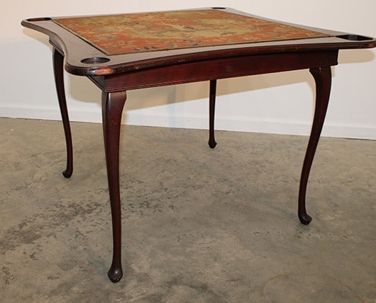 Victorian fold up gaming table with embroidered unicorn in mahogany with folding legs. 38" wide, 28" (1 of 4)