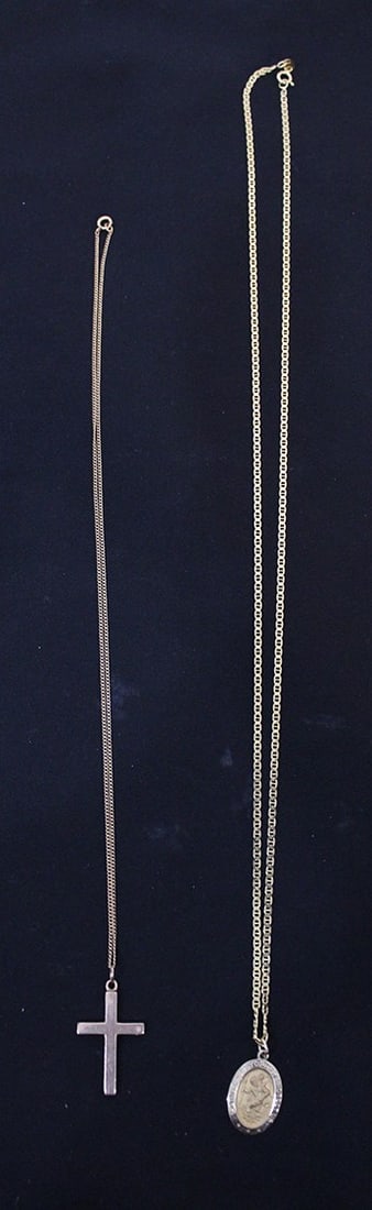 (2) 14K Chains, (1) With St. Christopher 14 K, (1) With Cross 10K (1 of 3)