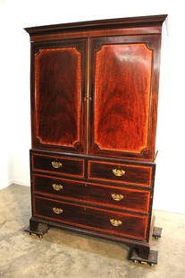 Period George III Inlaid 3 Piece Linen Press: Period George III inlaid 3 piece linen press. Nice satin wood inlay, has original pull out shelves, raised panel back, estate fresh. 48" wide, 80" tall, 21" deep.