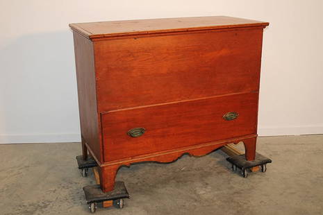 18th C.1 Drawer Lift Top Blanket Chest With Cut Out Bracket Base: 18th.C 1 drawer lift top blanket chest with cut out bracket base. Massive 1 board back, remanence of old red paint, snipe hinges. 42" wide, 34" tall. 20" deep.