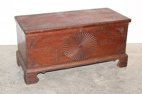 Small Period Lift Top Blanket Chest With Fan Carvings: Small period lift top blanket chest with fan carvings. Cut out bracket base in an older finish. Fully dovetailed, estate fresh. 37" wide, 18" tall, 17" deep.