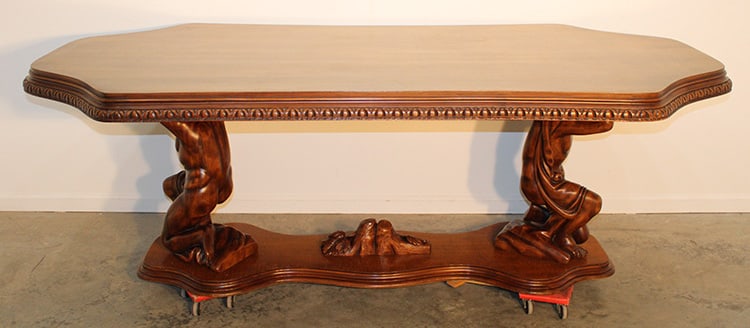 Monumental 7.5' Conference/Dining Table With Full Bodied Nude Supports: Monumental 7.5' conference/dining table with full bodied nude supports. Excellent original condition, huge figural supports are finely carved wood. Black forest style carving in the center. One of a k