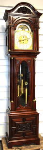 Pristine 8'3" Muhr's & Sons Philadelphia 3 Weight Grandfather Clock With Music Roller Works: Pristine 8'3" Muhr's & Sons Philadelphia 3 weight grandfather clock with music roller works. Awesome finish, bronze mounted columns, heavy urn design crest. This clock is large and magnificent. 22"