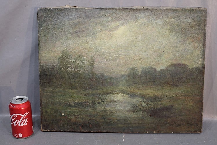 Early Oil On Canvas Of Mountain And Lake With Boat: Early oil on canvas of mountain and lake with boat, estate fresh. No frame, needs a good cleaning. No rips or holes. 20" wide, 15" tall.