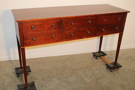 Real Nice "Eldred Wheeler" Cherry 6 Drawer Inlaid Sideboard: Real nice "Eldred Wheeler" cherry 6 drawer inlaid sideboard. Has a strip of tiger maple inlay in very nice condition. 64" wide, 38" tall, 21" deep.