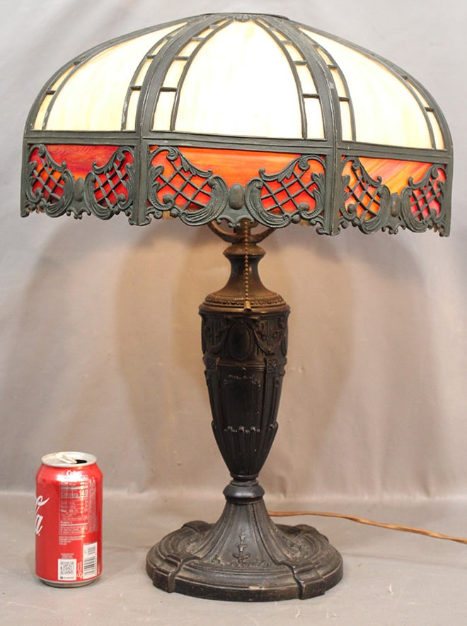 2 Tone Caramel And Red Slag Glass 16 Panel Lamp: 2 tone caramel and red slag glass 16 panel lamp. All glass in good condition. 16" wide, 22" tall.