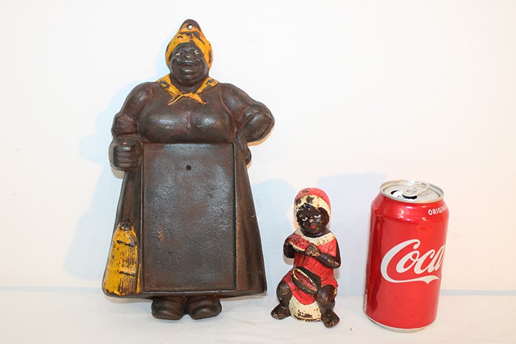 2 Antique Cast Iron Black Memorabilia Including Mammy Memo And Girl Eating Watermelon: 2 antique cast iron black memorabilia including Mammy Memo and girl eating watermelon. Retains most of its original paint, estate fresh. Tallest is 10.5".