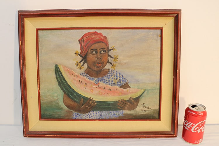 Oil On Canvas Of A Black Girl Eating Watermelon: Oil on canvas of a black girl eating watermelon. Well done, signed Malcom. Original label on the back. 21" wide, 16" tall.