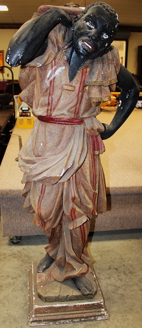 Awesome 5' Blackamoor In Original Color: Awesome 5' blackamoor in original color. Made of chalk or plaster (has little wear) probably over 100 years old. Probably was a lamp at one time. 28" wide, 57" tall, 18" deep.