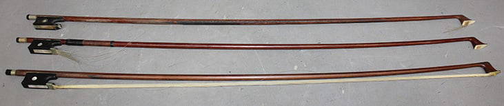 3 Antique German Violin Bows: 3 antique German violin bows. All in decent condition, 2 need hair. Appr. 29" long.