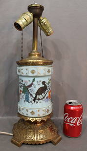 Super Aesthetic Victorian Lamp With Enameled Birds: Super aesthetic Victorian lamp with enameled birds. Wonderful aesthetic brass designs in nice condition. 18" tall.