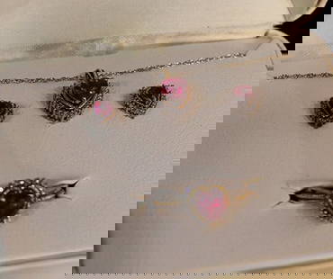 Super Set Of 14K And Sterling, Pendant, Earrings, And Ring Set: Super set of 14k and sterling, pendant, earrings, and ring set with heart shaped gem stones.