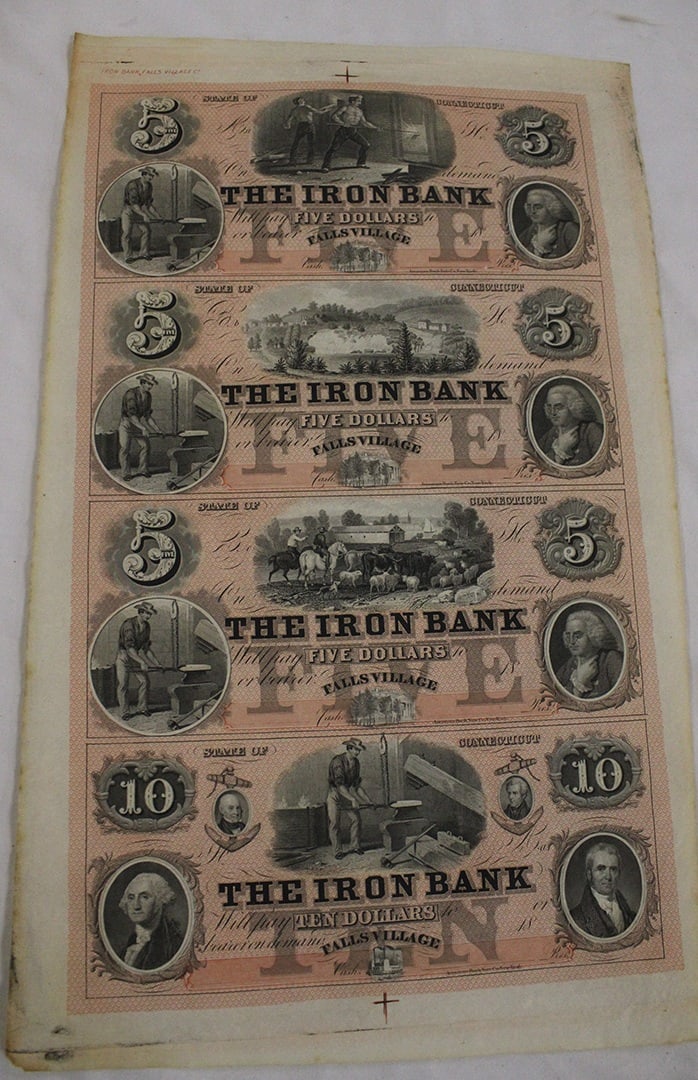 Rare Uncut Falls Village "The Iron Bank" Bank Notes 1847-1865 (1 of 3)