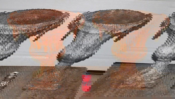 Pair Of Real Nice Fluted Cast Iron Antique Urns With Twisted Handles (1 of 5)