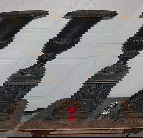 Pair Of Fancy 2 Piece 31" Cast Iron Urns (1 of 5)