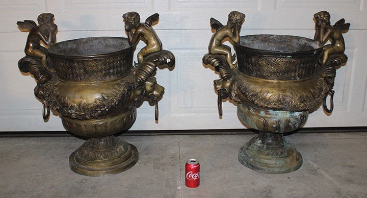 Pair Of Solid Bronze Urns With Cupid Handles And Lion Head Handles (1 of 7)